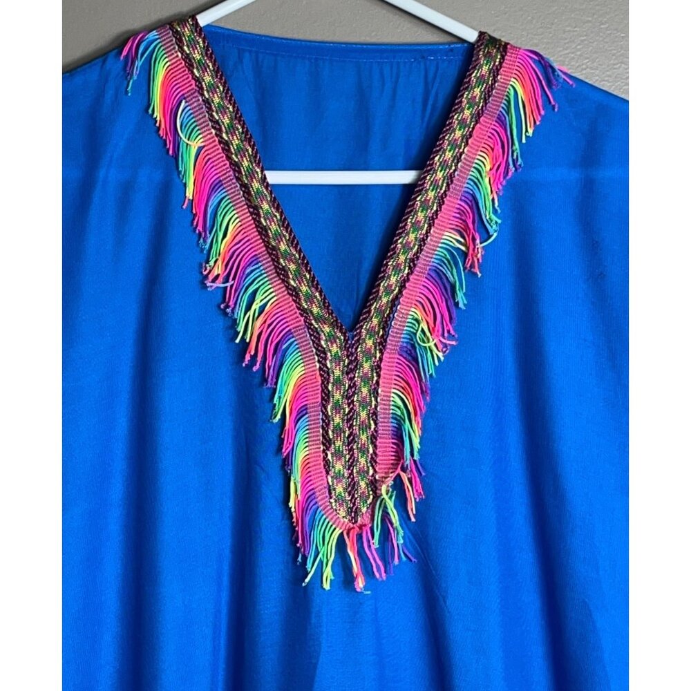 Tribal Ethnic Maxi Tunic Blue Colorful Neon Fringe V-Neck Unisex Costume Size M - Picture 2 of 6
